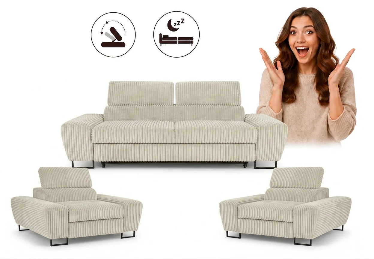 Zestaw wypoczynkowy sofa kanapa fotele czarny sztruks wygodny Savio Family