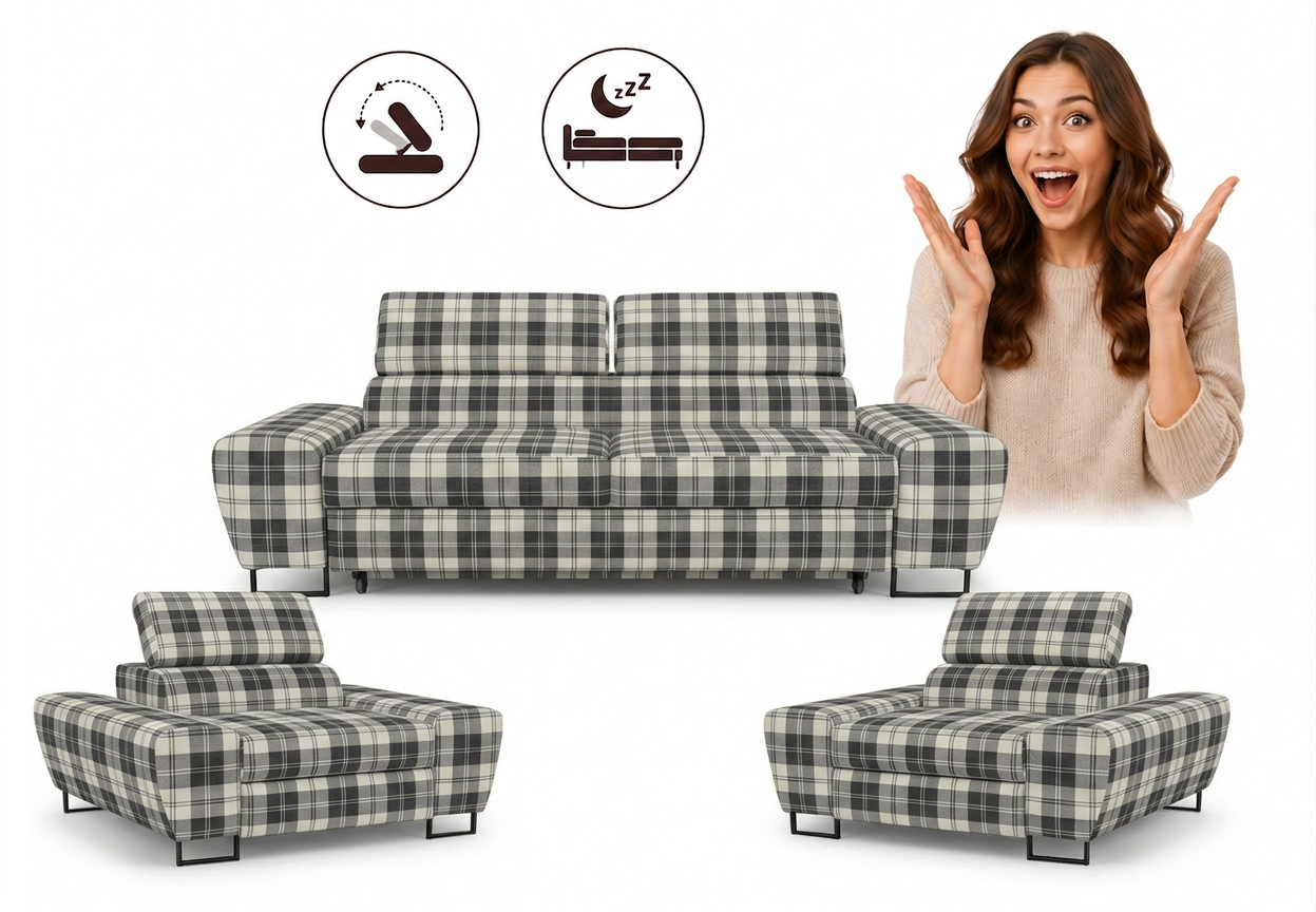 Zestaw wypoczynkowy sofa kanapa 2 fotele szary kratka Savio Family Meble