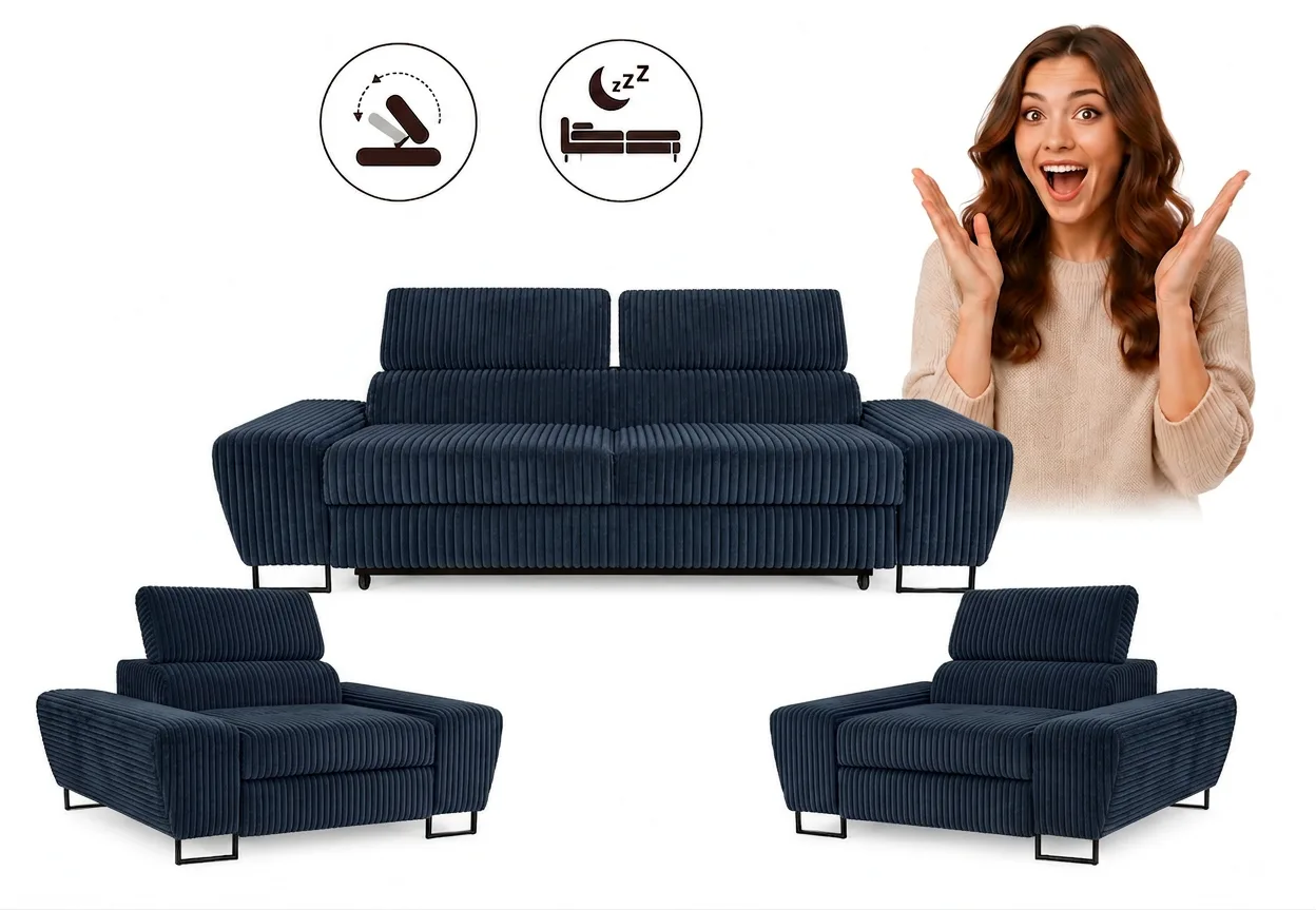 Zestaw wypoczynkowy sofa kanapa fotele granatowy sztruks wygodny Savio Family