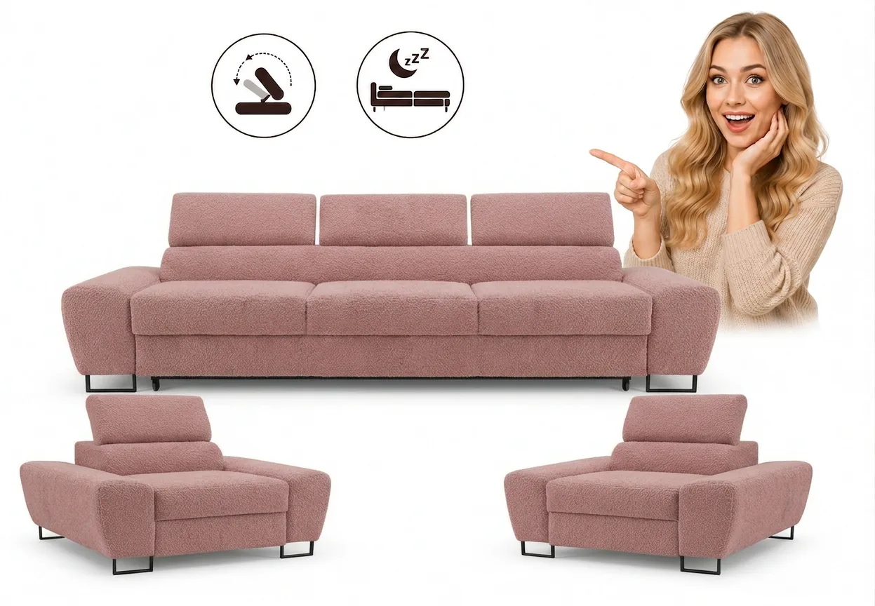 Zestaw wypoczynkowy sofa kanapa 3 fotele różowy welur wygodny Savio Family