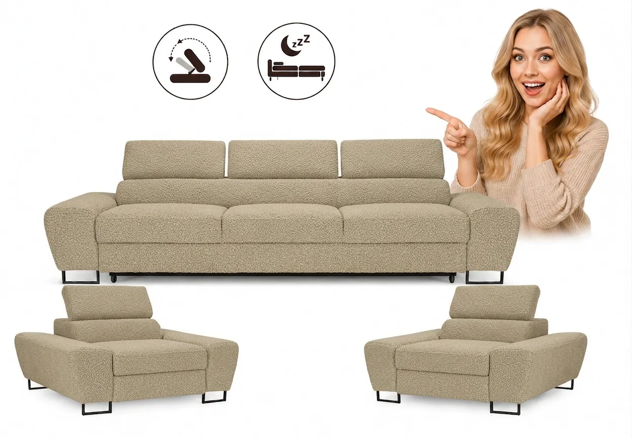 Zestaw wypoczynkowy sofa 3 kanapa fotele szaro cz boucla Savio Family Meble