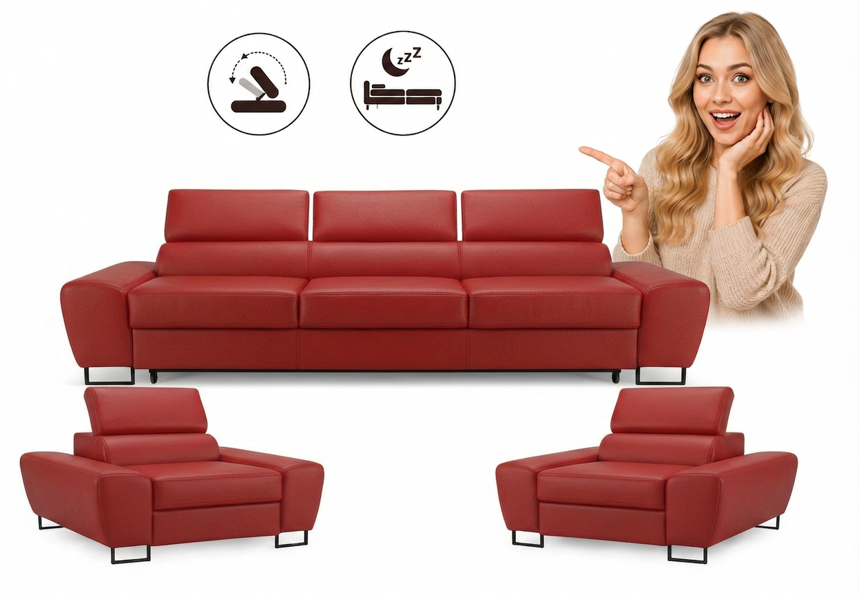 Zestaw wypoczynkowy sofa 3 kanapa fotele brąz ekoskóra Savio Family Meble — czerwony