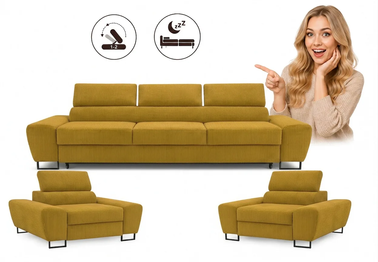 Zestaw wypoczynkowy sofa 3 kanapa fotele zielony khaki sztruks Savio Family