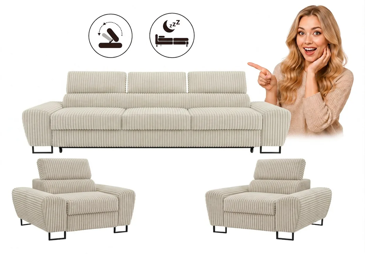 Zestaw wypoczynkowy sofa 3 kanapa fotele sztruks welur wygodny do salonu