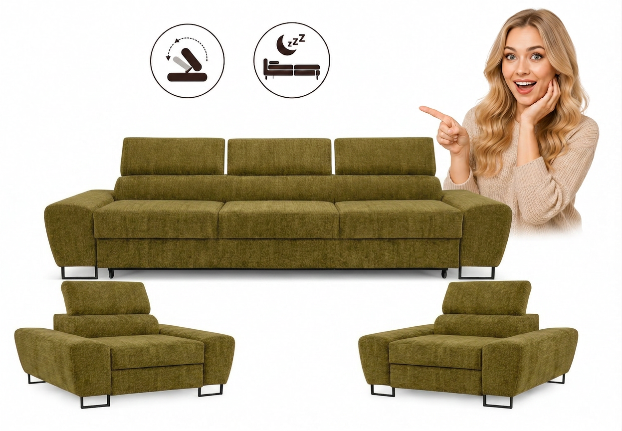 Zestaw wypoczynkowy sofa 3 kanapa fotele zielony szenil Savio Family Meble