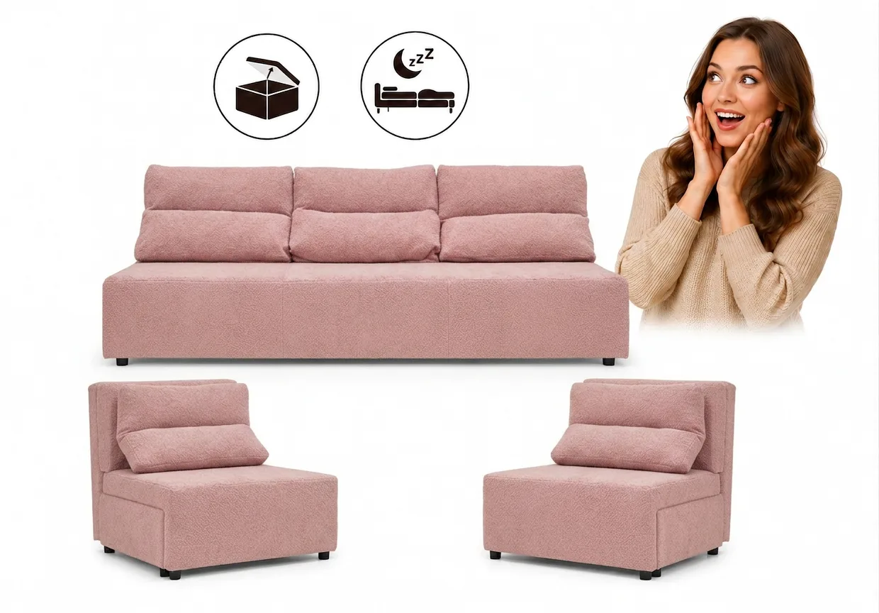 Zestaw wypoczynkowy sofa 3 kanapa fotele błękitny welur KIMO Family Meble