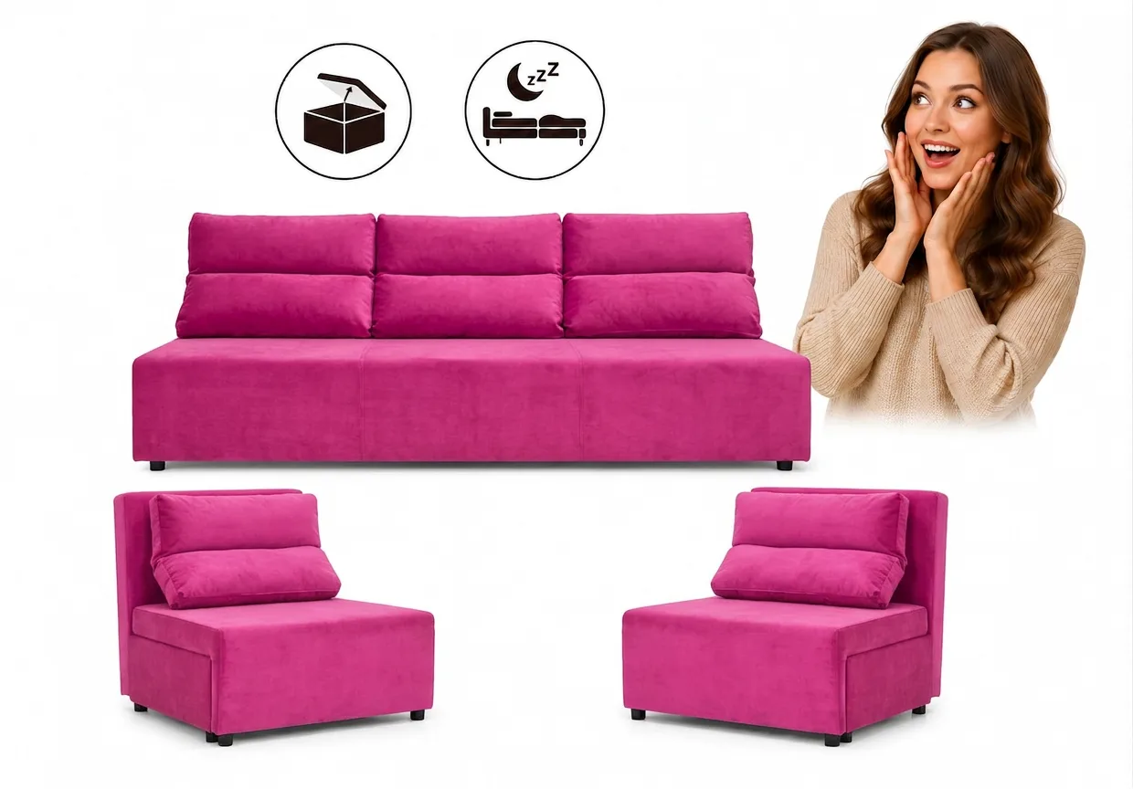 Zestaw wypoczynkowy sofa 3 kanapa fotele pudrowy róż welur wygodny KIMO