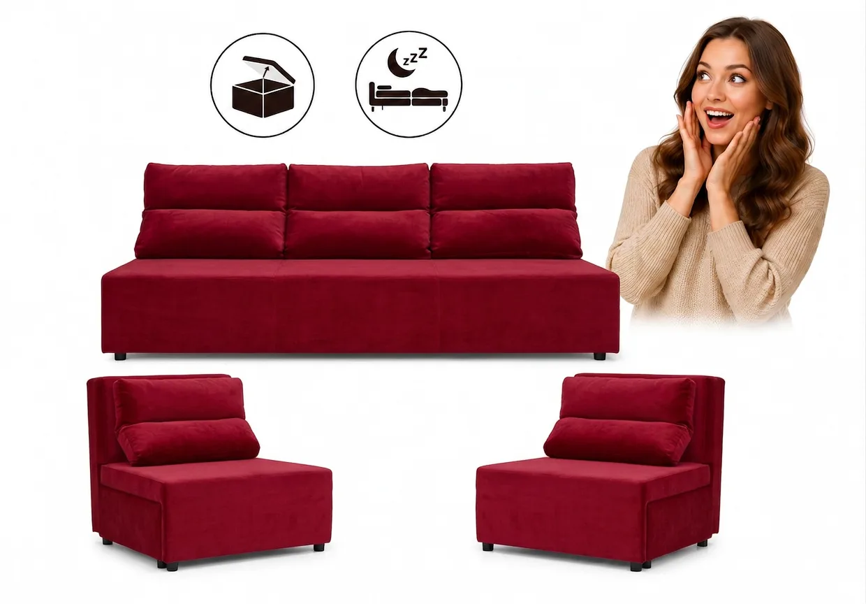Zestaw wypoczynkowy sofa 3 kanapa fotele pudrowy róż welur wygodny KIMO — turkusowy