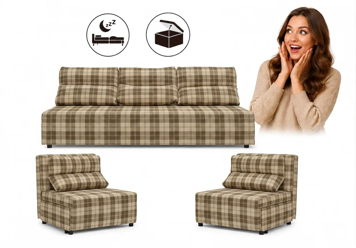 Zestaw wypoczynkowy sofa 3 kanapa fotele szary kratka Kimo Family Meble