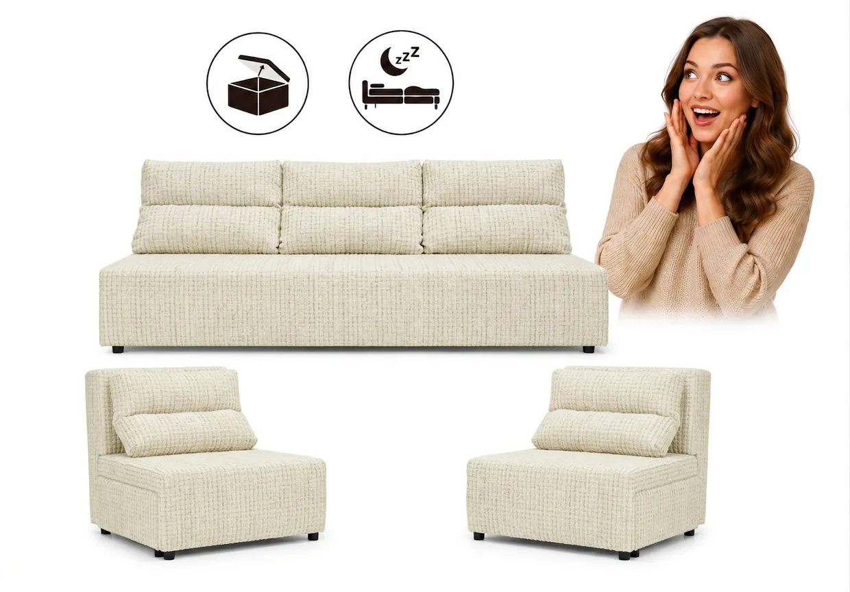 Zestaw wypoczynkowy sofa 3 kanapa fotele szary szenil wygodny Kimo Family
