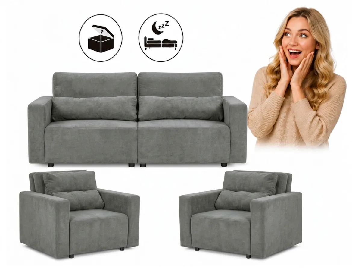 Zestaw wypoczynkowy sofa 2 kanapa fotele jasny niebieski Komo Family meble