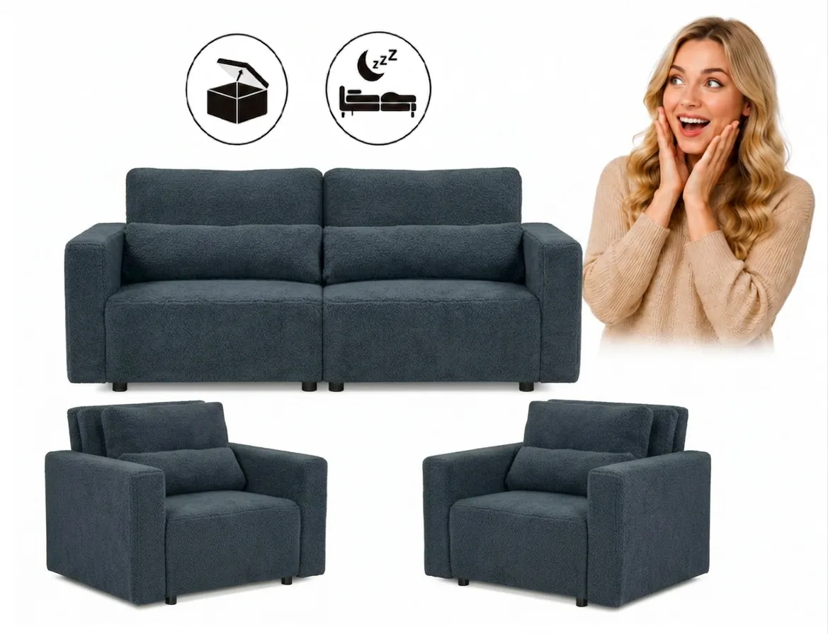 Zestaw wypoczynkowy sofa 2 kanapa fotele jasny niebieski Komo Family meble