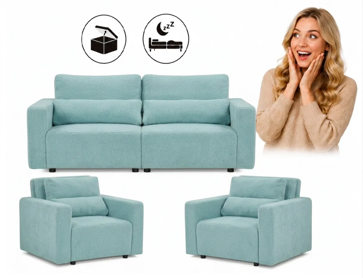 Zestaw wypoczynkowy sofa 2 kanapa fotele jasny niebieski Komo Family meble