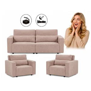 Zestaw wypoczynkowy kanapa sofa rozkładana 2 fotele różowy szary Komo Famil