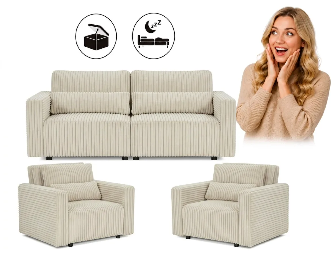 Zestaw wypoczynkowy kanapa sofa rozkładana 2 fotele czarny sztruks Komo