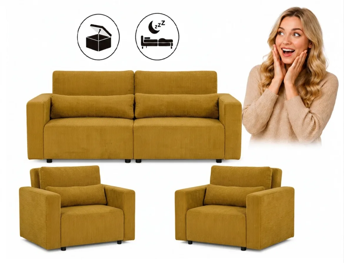 Zestaw wypoczynkowy kanapa sofa rozkładana 2 fotele zielony khaki sztruks