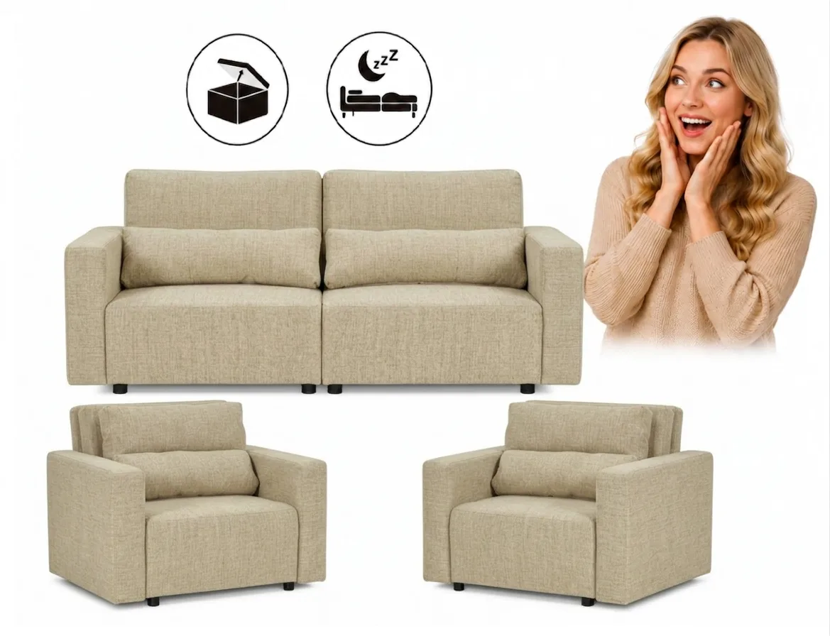 Zestaw wypoczynkowy kanapa sofa rozkład. 2 fotele szary szenil Komo Family