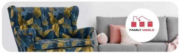 Family Meble — Sofa Kanapa Uszak Skandynawska Granatowa Monstera Złoty Welur Family Meble