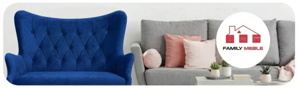 Family Meble — Sofa Kanapa Uszak Skandynawska niebieska guziki welurowa Luna Family Meble