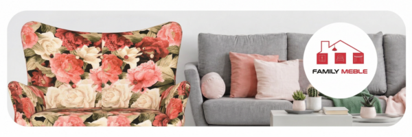 Family Meble — Sofa Kanapa Uszak Skandynawska kwiaty piwonie welur Luna Print Family Meble