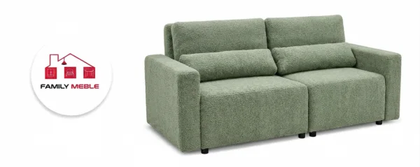 Family Meble — Kanapa 2 os sofa rozkładana spania pojemnik miętowy jasny welur Komo Family