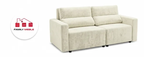 Family Meble — Kanapa 2 os sofa rozkładana spania pojemnik kremowy welur Komo Family Meble