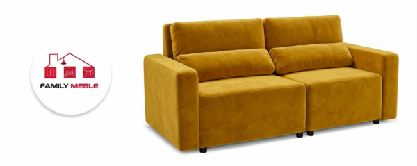 Family Meble — Kanapa 2 os sofa rozkładana spania pojemnik żółty welur Komo Family Meble