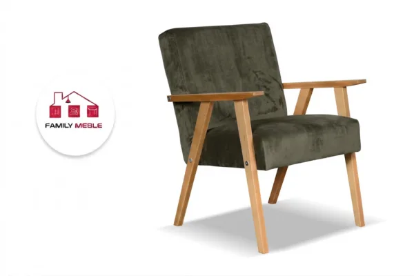 Family Meble — Fotel w stylu PRL retro vintage aksamit szary biblioteki Soler Family Meble