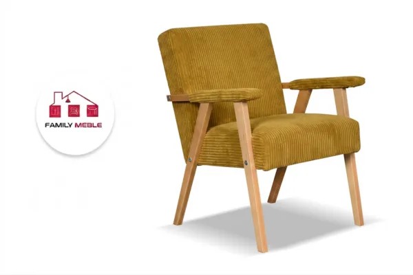 Family Meble — Fotel w stylu PRL retro krzesło vintage welur sztruks żółty Soler Family