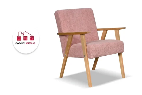 Family Meble — Fotel w stylu PRL retro krzesło vintage welur różowy new Soler Family Meble