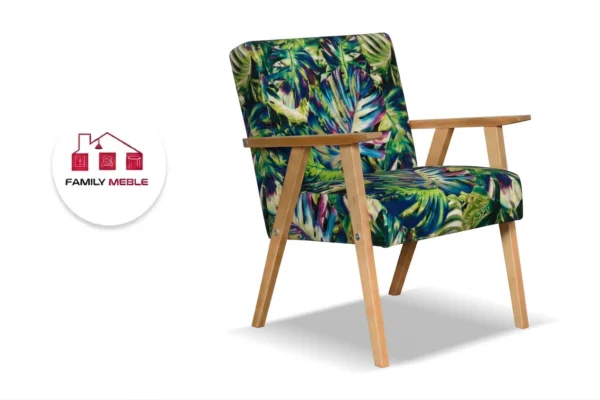 Family Meble — Zestaw 2 foteli w stylu PRL retro krzesło vintage Print zielony Soler