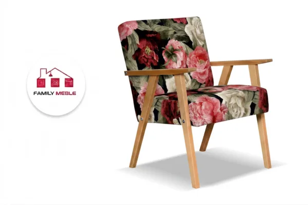 Family Meble — Fotel uszak skandynawski kwiecisty welur kwiaty róże Print Family Meble