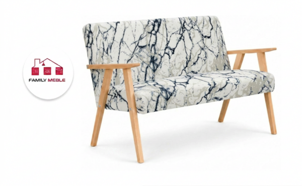 Family Meble — Sofa w stylu PRL retro kanapa vintage welur biały print Soler Family Meble