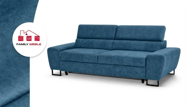 Family Meble — Kanapa sofa rozkładana f spania reg zagłówek welur niebieski Savio 2 os