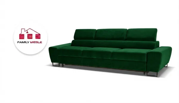 Family Meble — Kanapa sofa rozkładana f spania reg zagłówek welur zielony Savio 3 os