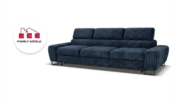 Family Meble — Kanapa sofa rozkładana f spania reg zagłówek sztruks granatowy Savio 3 os