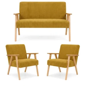 Zestaw wypoczynkowy sofa 2-os 2 fotele welur musztardowy Soler Family Meble - żółty