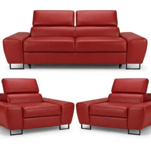 Zestaw wypoczynkowy sofa kanapa 2 fotele brąz ekoskóra Savio Family Meble - czerwony