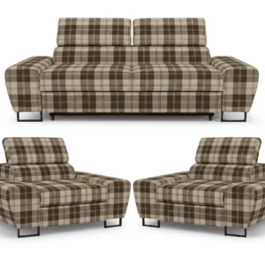 Zestaw wypoczynkowy sofa kanapa 2 fotele szary kratka Savio Family Meble - brąz