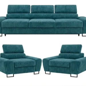 Zestaw wypoczynkowy sofa 3 kanapa fotele sztruks welur wygodny do salonu - niebieski