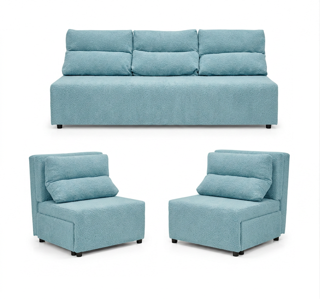 Zestaw wypoczynkowy sofa 3 kanapa fotele błękitny welur KIMO Family Meble - 54