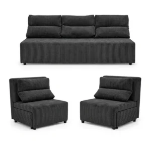 Zestaw wypoczynkowy sofa 3 kanapa fotele zielony khaki sztruks Kimo Family - czarny