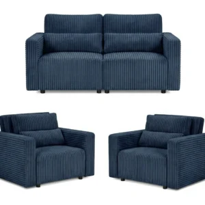 Zestaw wypoczynkowy kanapa sofa rozkładana 2 fotele czarny sztruks Komo - granatowy