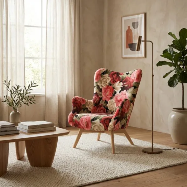 Fotel skandynawski kwiaty piwonie róże uszak welur Luna Print Family Meble — komfort