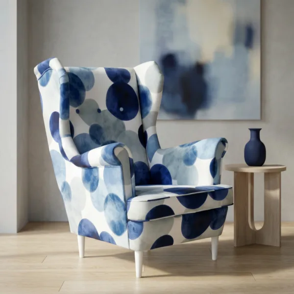 Fotel uszak skandynawski niebieski wzór groszki Glamour Design Family Meble — komfort
