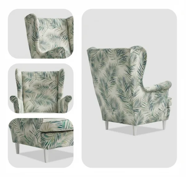 Fotel uszak skandynawski palmy beżowe design style trop Print Family Meble — widoki i detale