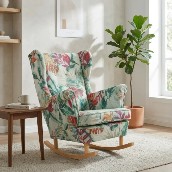 Fotel uszak skandynawski jasna monstera tropikalne liści Print Family Meble — komfort