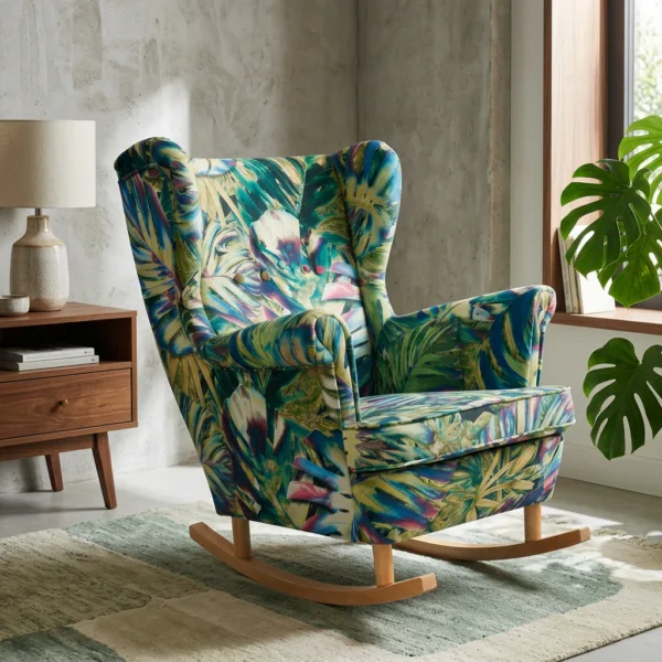 Fotel uszak skandynawski monstera zielona tropical palmy Print Family Meble — komfort