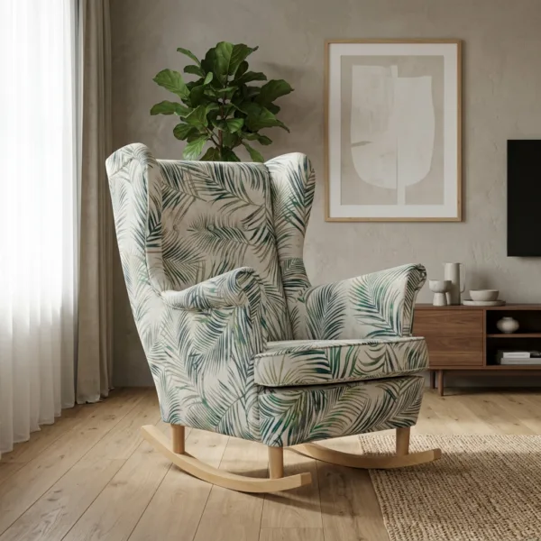 Fotel uszak skandynawski palmy beżowe design style trop Print Family Meble — komfort