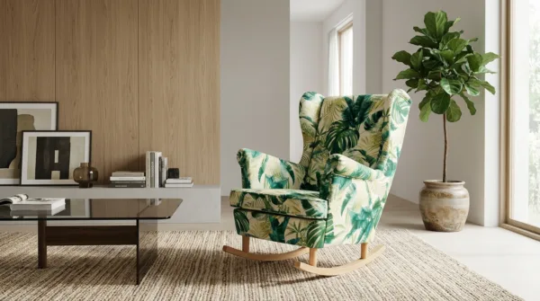 Fotel uszak skandynawski bujany płozach monstera zielony Print Family Meble — komfort